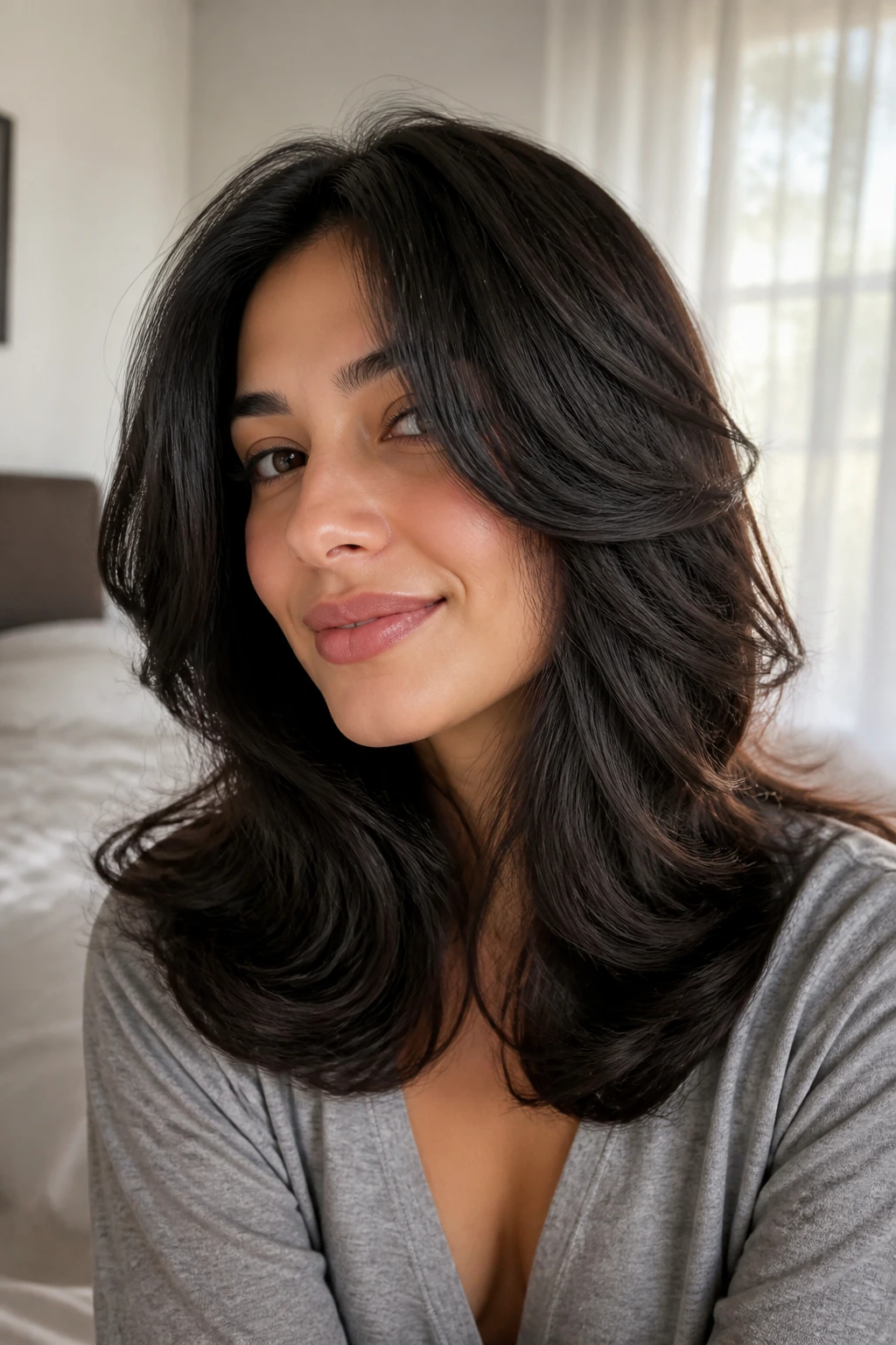 Close-up of a real woman with rounded layered haircut creating soft movement.