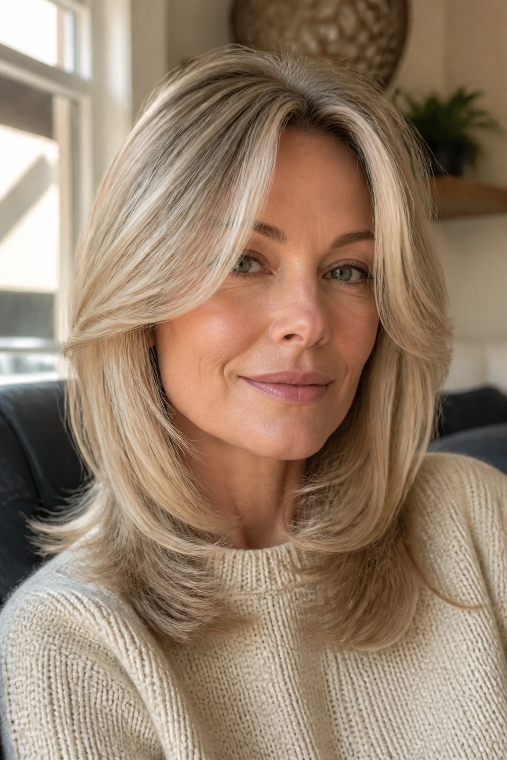 Close-up of a real woman with rounded layers lifting fine blonde hair