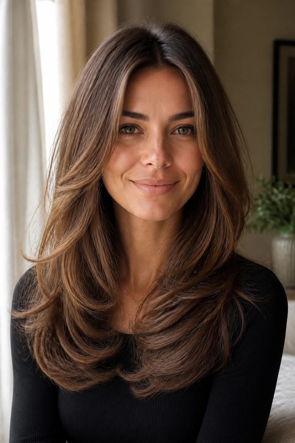 Portrait of a real woman with rounded layered haircut framing the cheeks