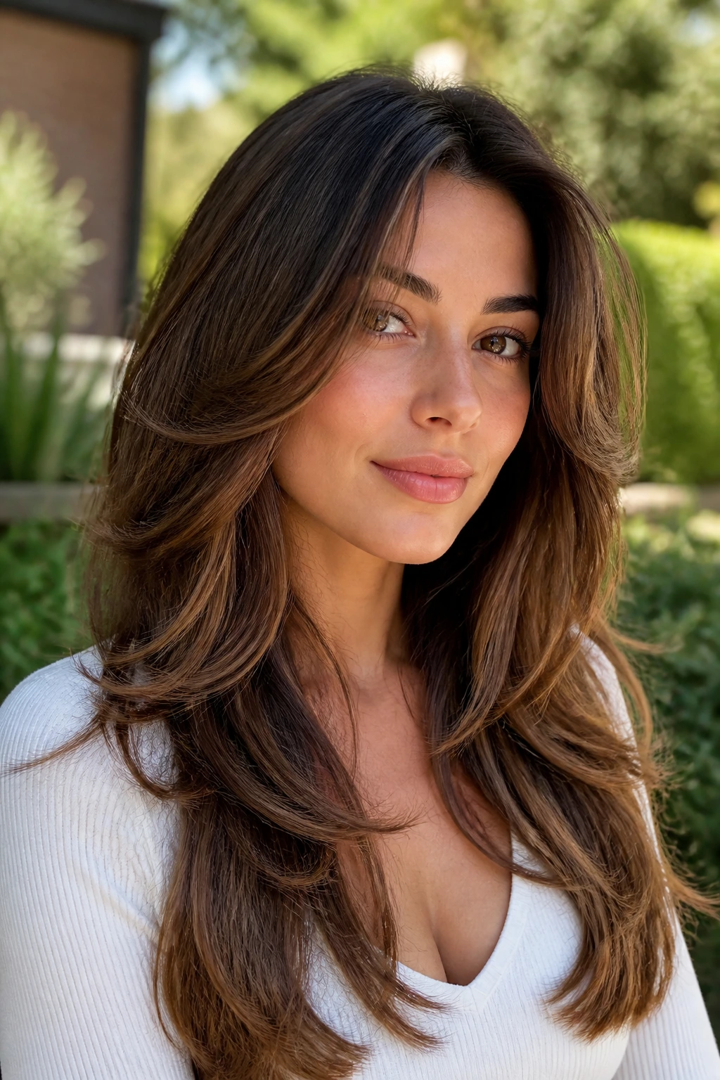 Close-up portrait of a real woman with rounded layers creating a soft halo
