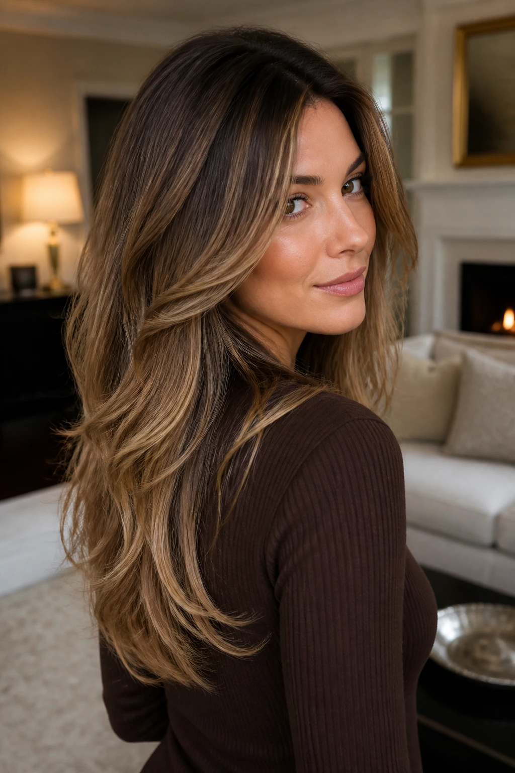 Real woman with rounded layers and mocha-to-toffee balayage in warm living room light.