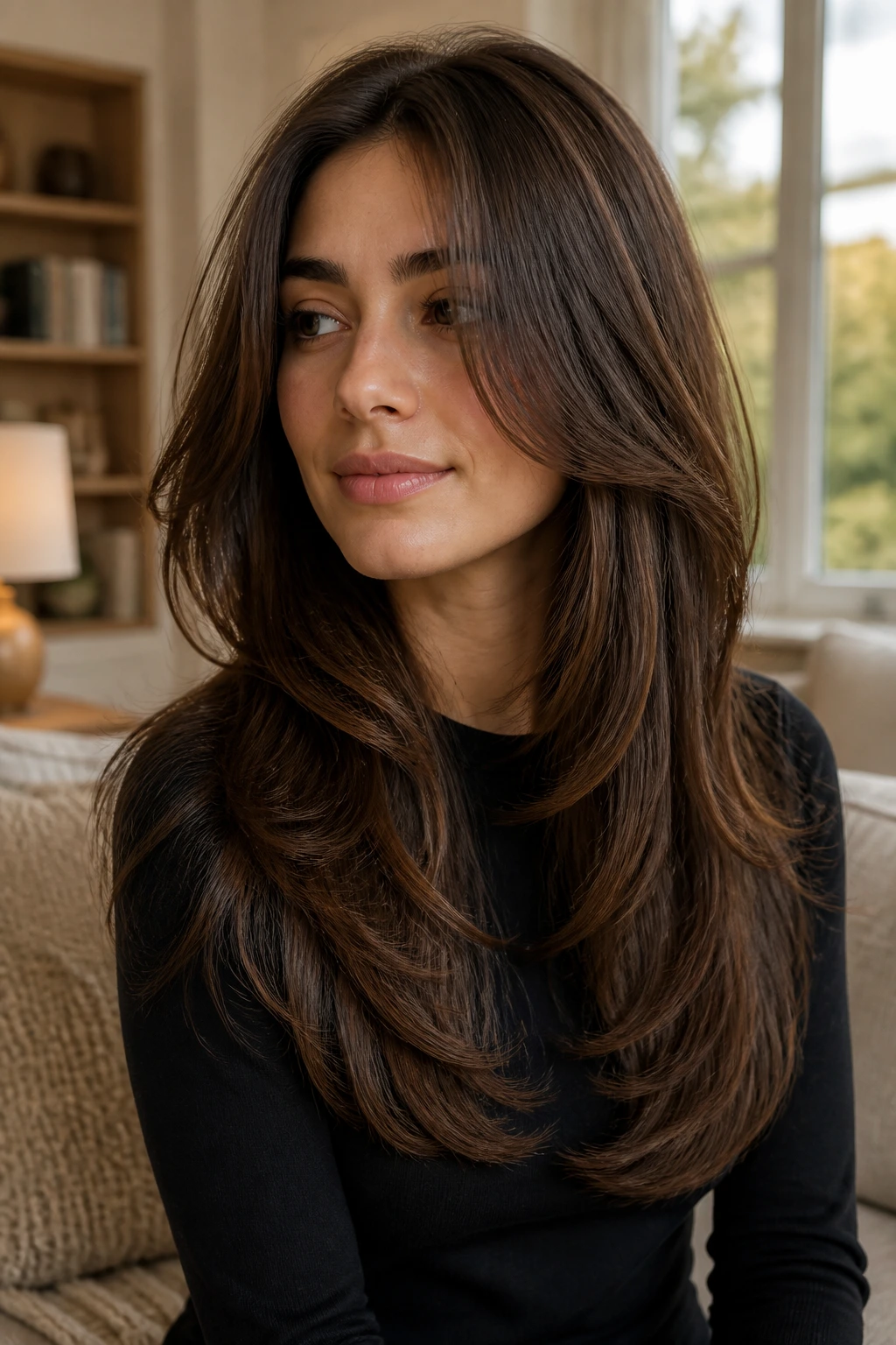 Close-up portrait of a real woman with rounded layers following the head shape.