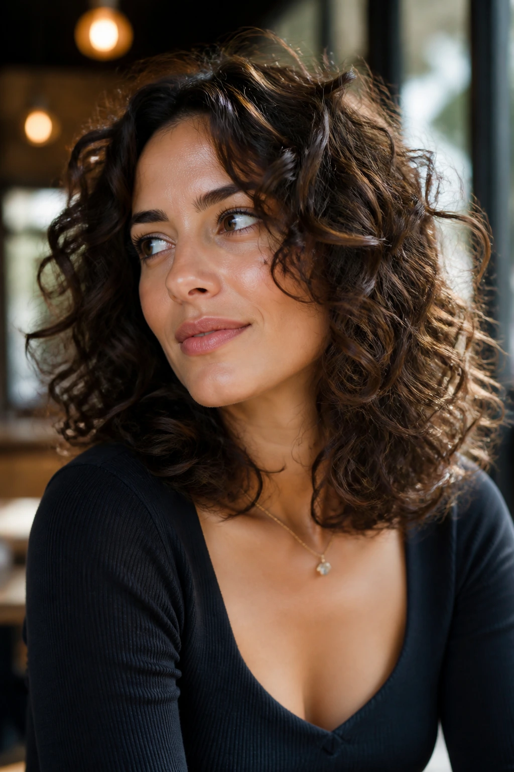 Real woman with rounded shoulder-length curls and balanced layers