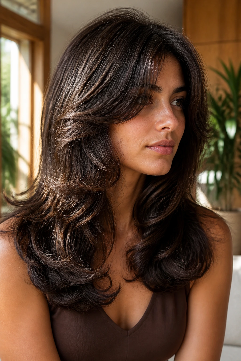 Close-up portrait of a real woman with rounded layers for thick hair in natural window light
