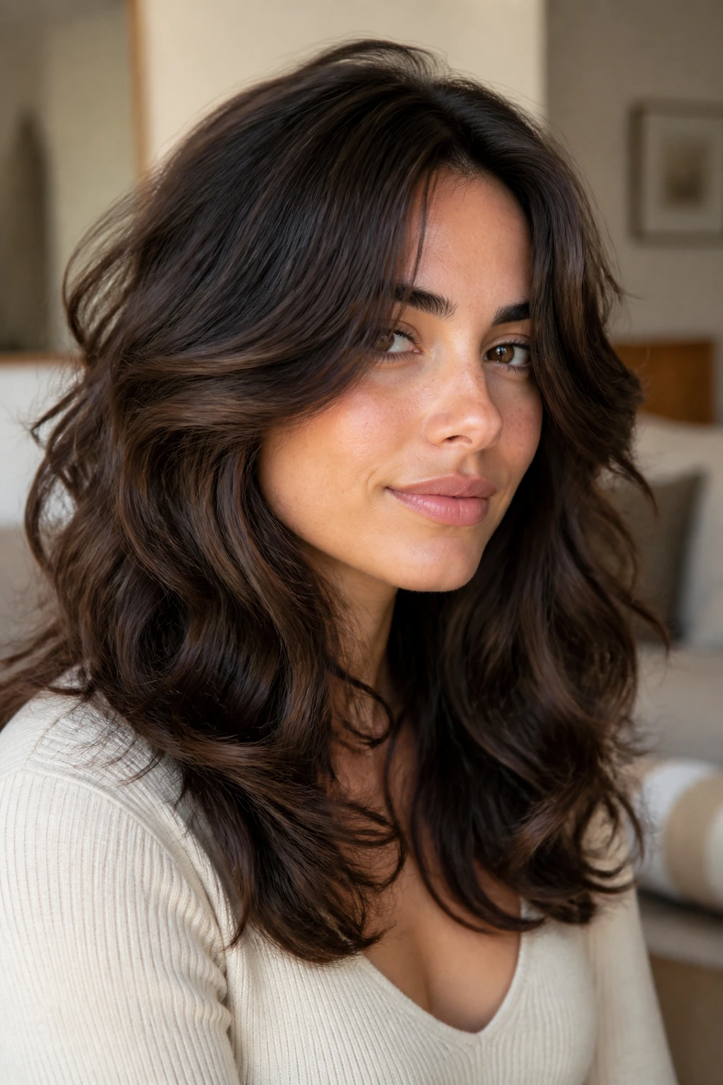 Close-up of a real woman with rounded layers that frame the face in thick wavy hair, warm natural light