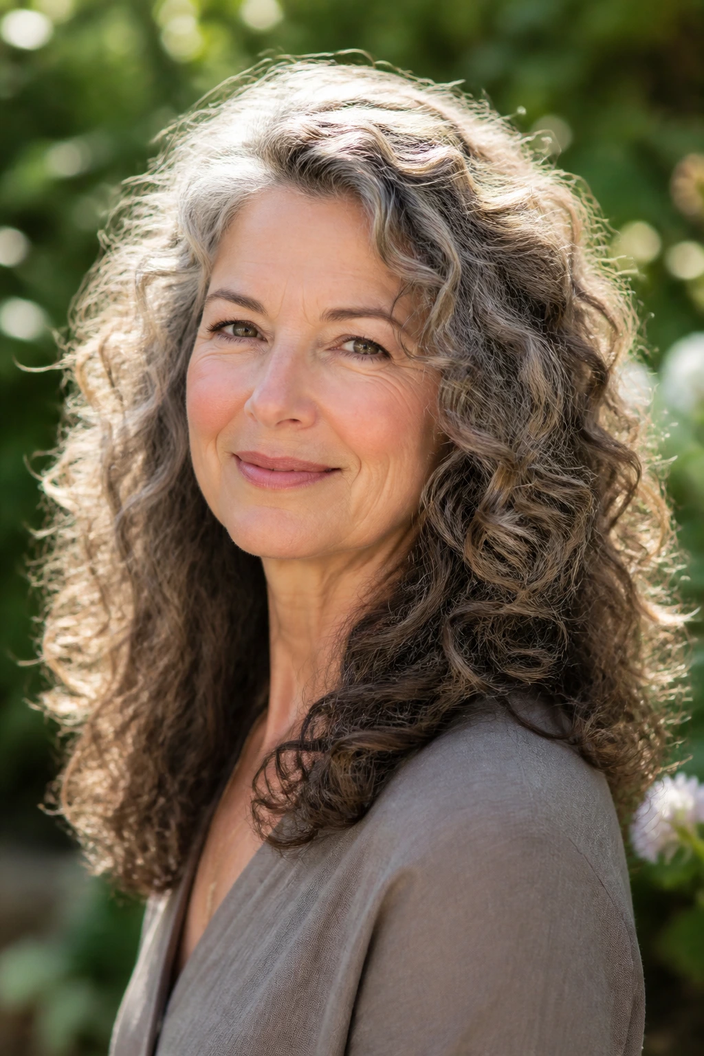 Portrait of real woman with rounded layers in wavy or curly hair