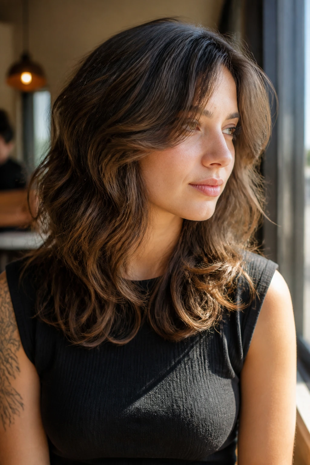 Close-up portrait of a real woman with rounded layers in wavy hair