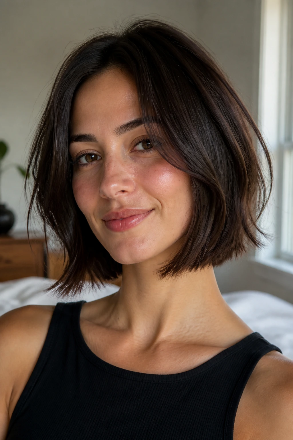 Close-up of a woman with a rounded lob and airy ends in soft natural light