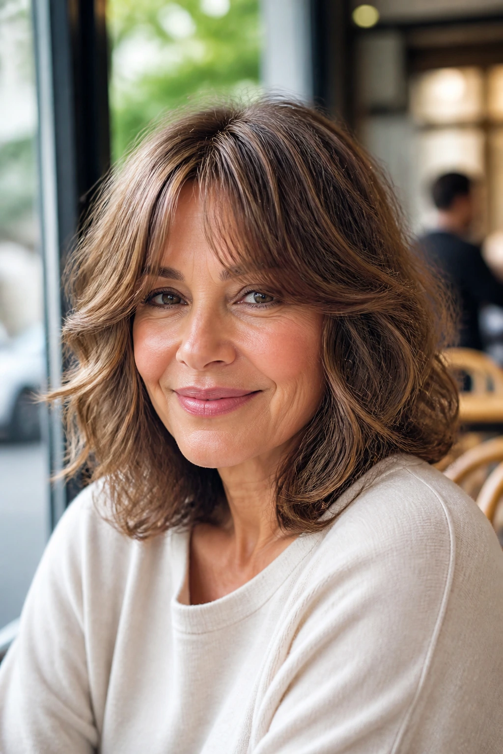 Real woman with rounded lob and curtain bangs in natural light.