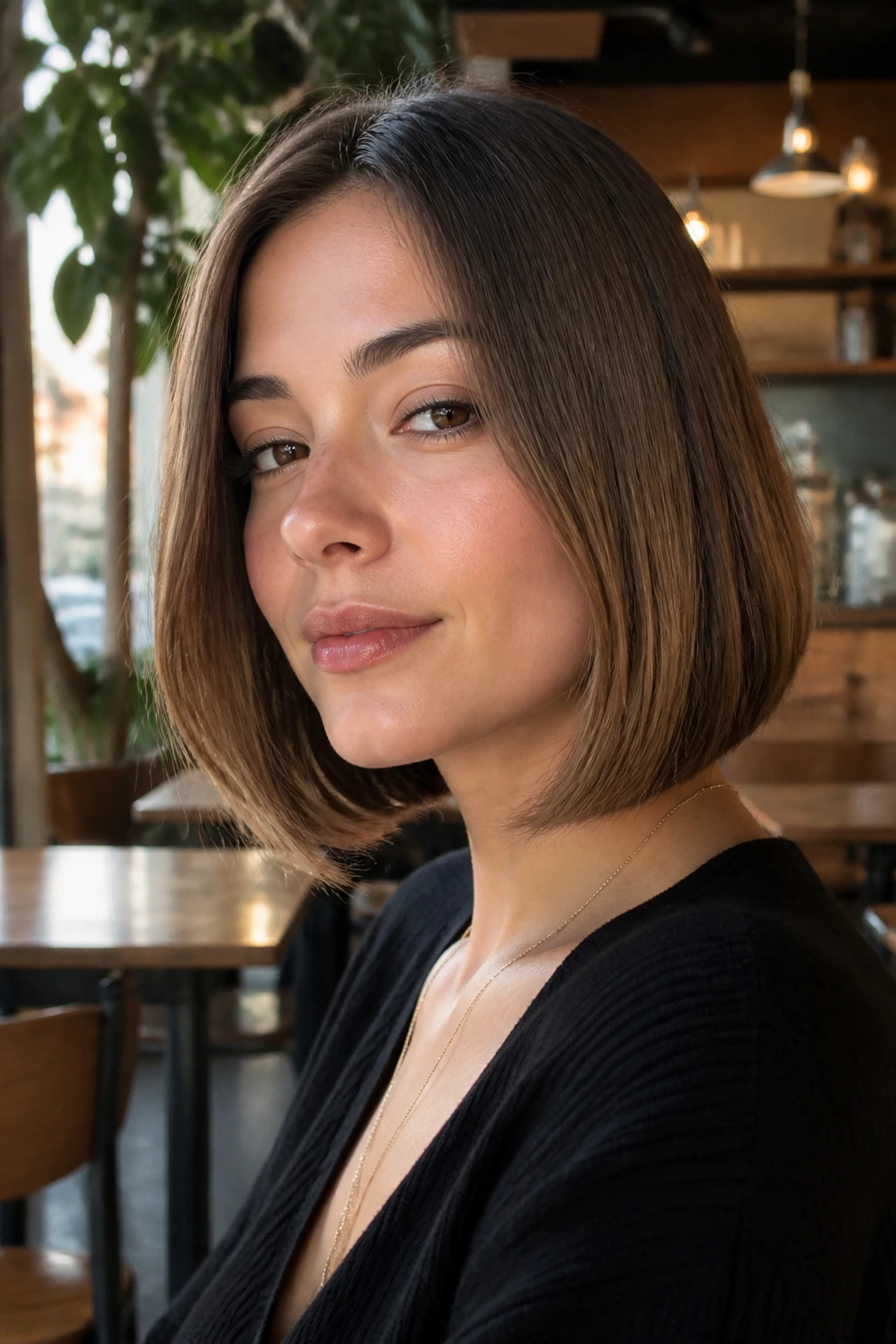 Close-up of a real woman with a rounded lob curving under the jaw
