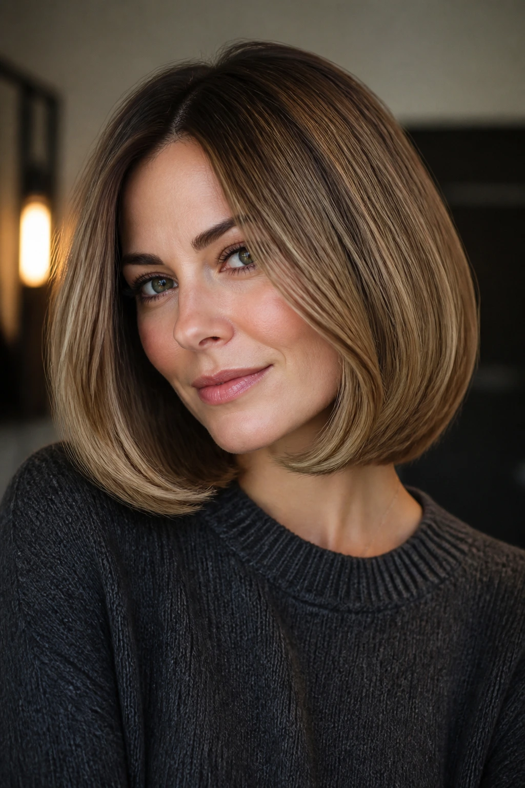 Close-up of a real woman with a rounded lob framing the jaw