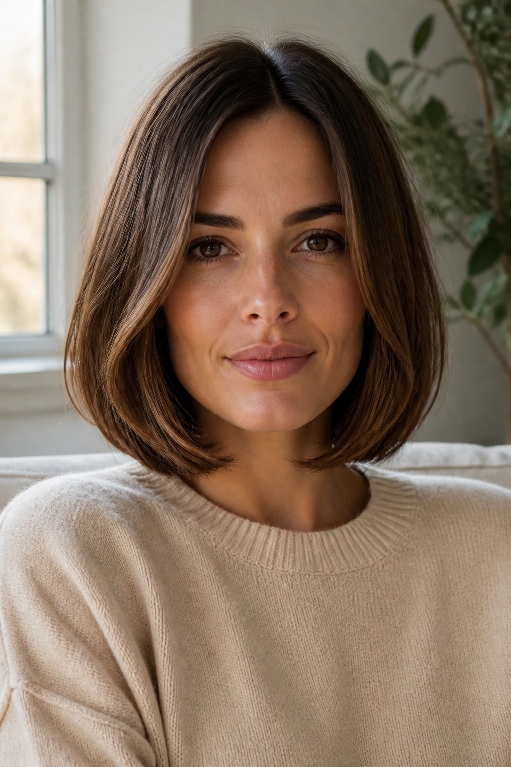 Rounded lob hairstyle close-up on a real woman in warm daylight