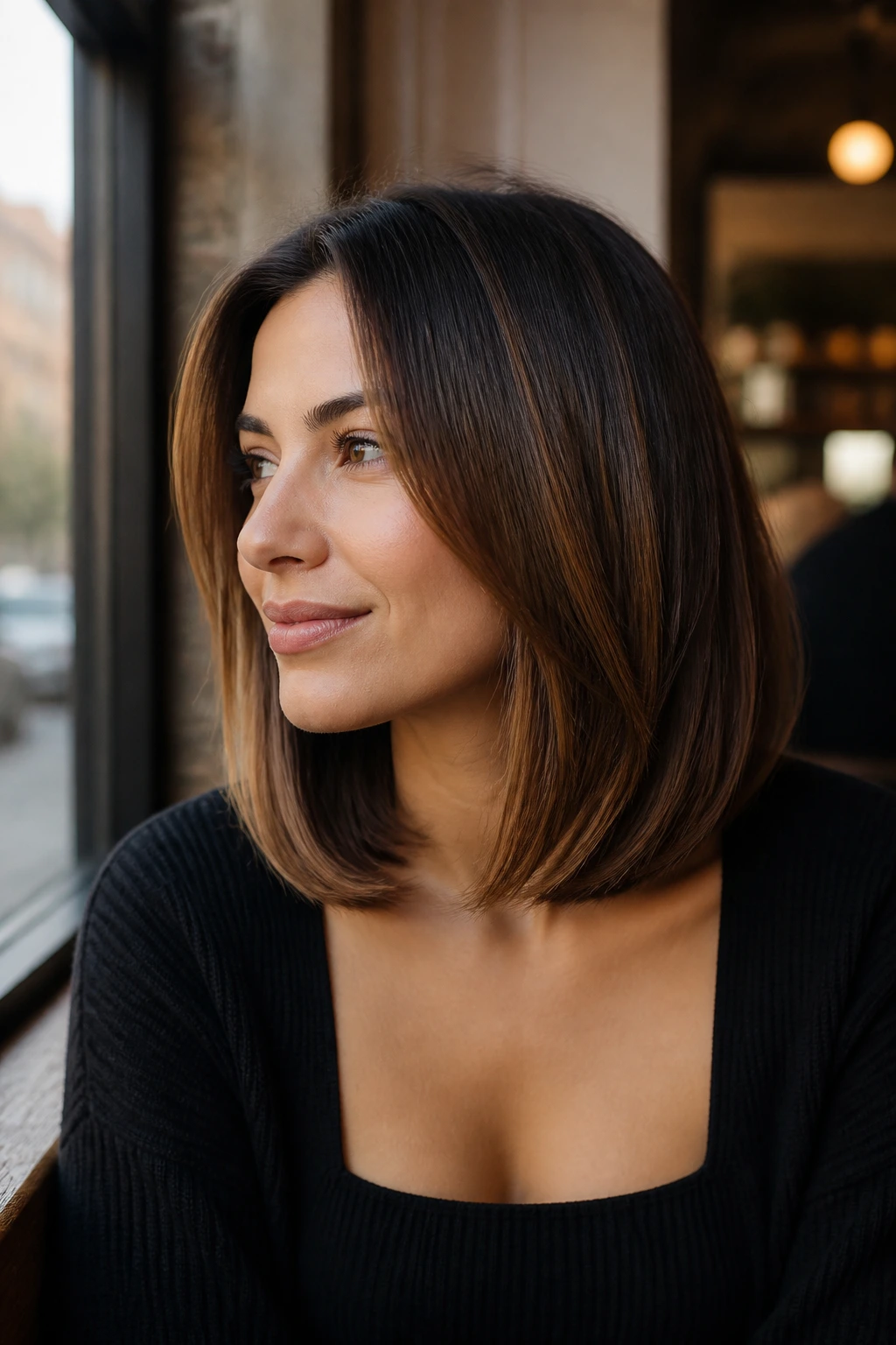 Real woman with rounded lob contouring the face.