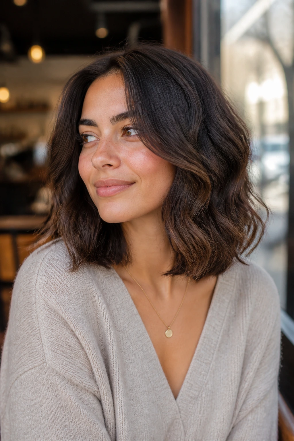 Close-up of real woman with rounded lob internal layers in cafe window light