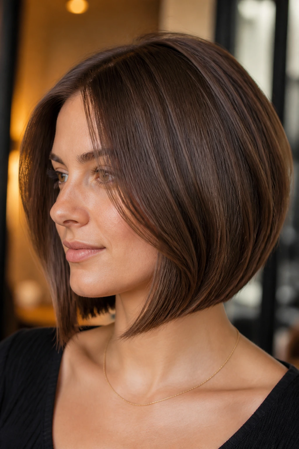 Close-up portrait of a real person with a rounded lob shaping the jawline.