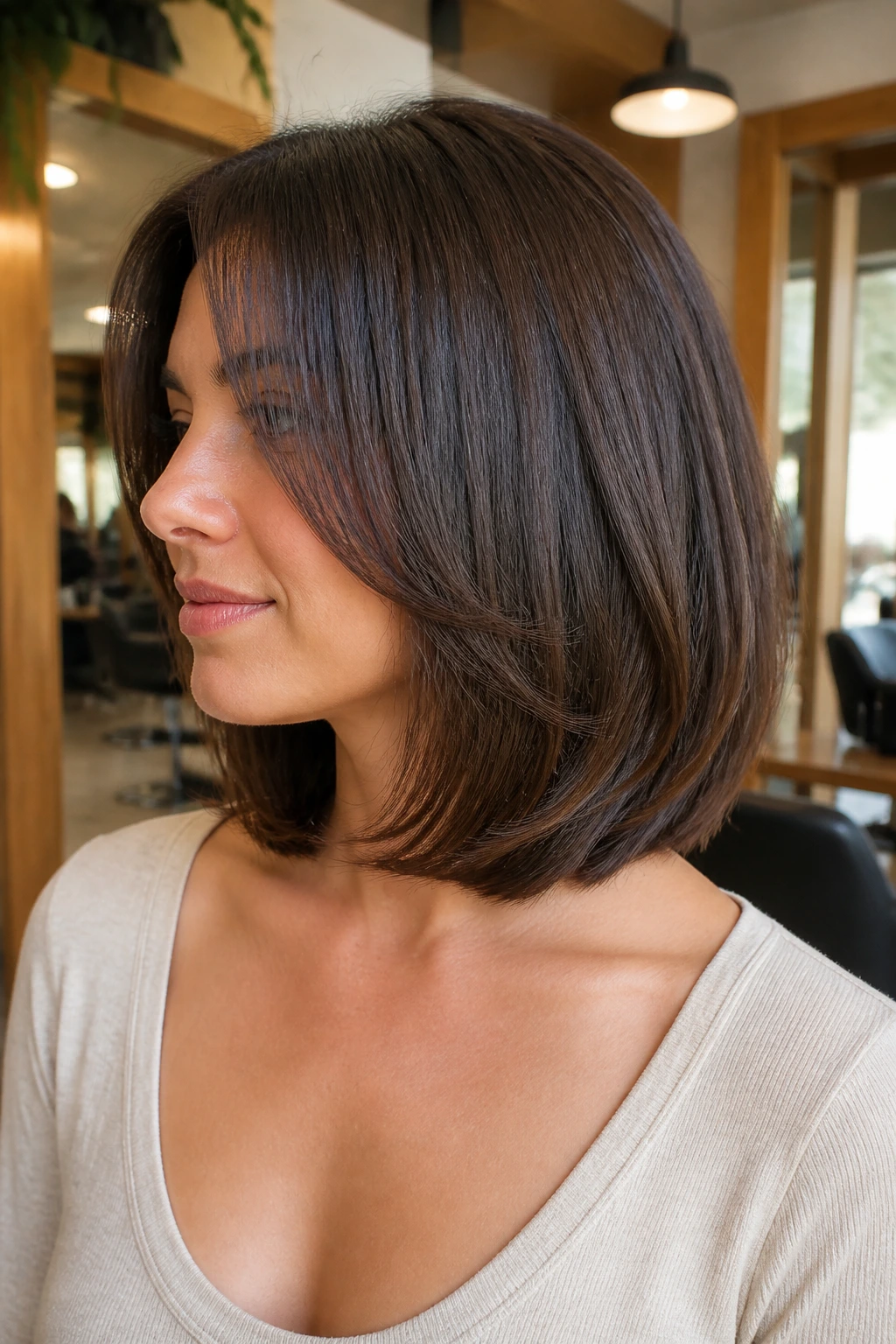 Portrait of a woman with rounded lob and soft inner layers.