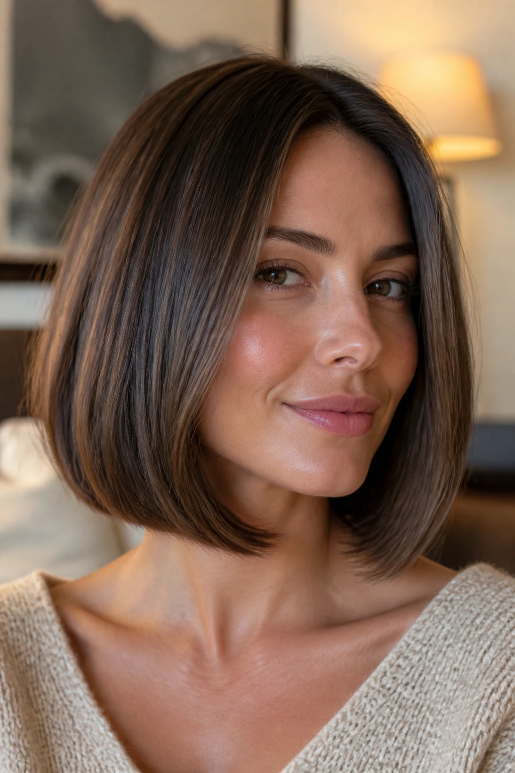 Close-up of a real person with rounded lob and perimeter-weighted ends.