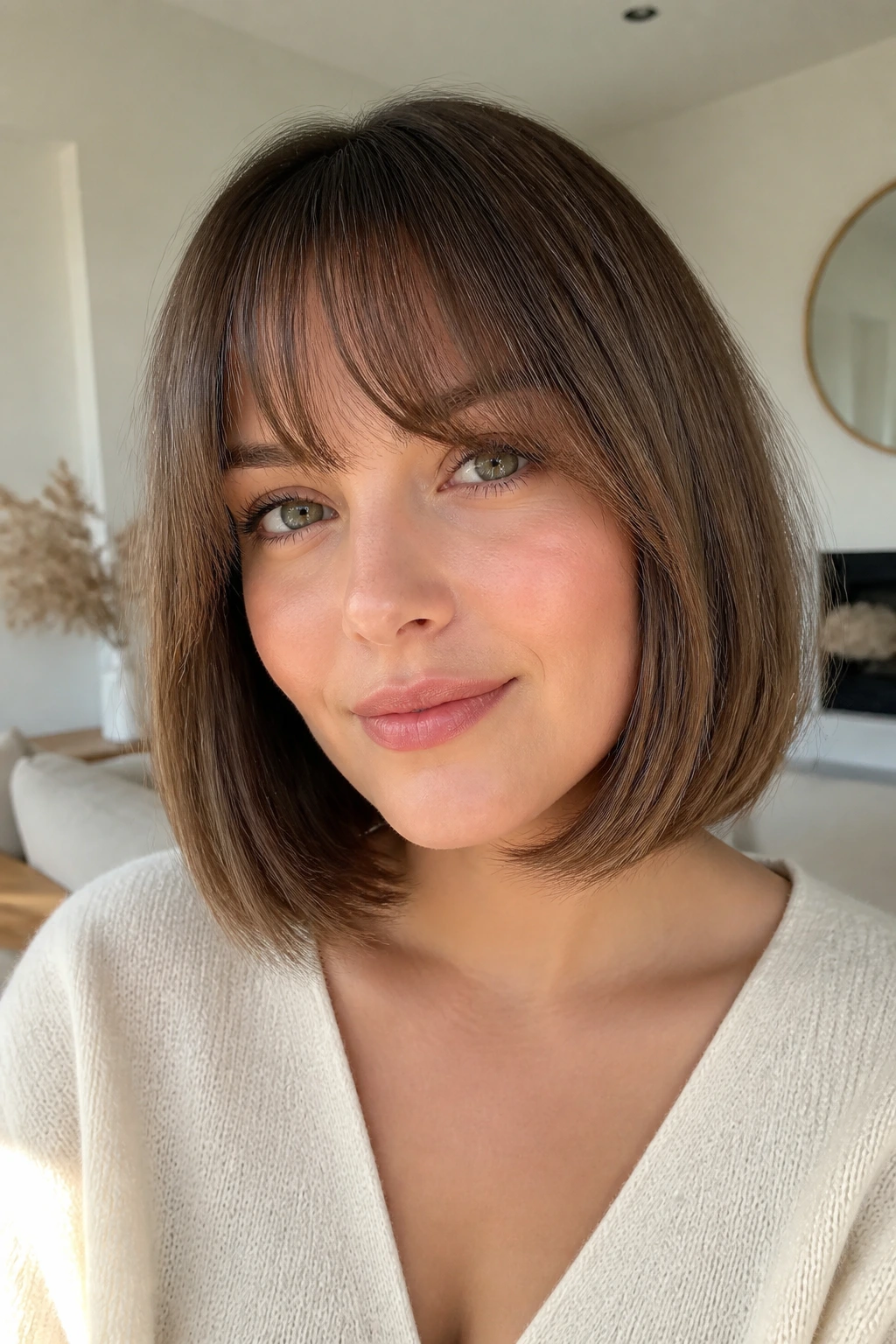 Close-up of a real woman with Rounded Lob With Soft Arched Bangs