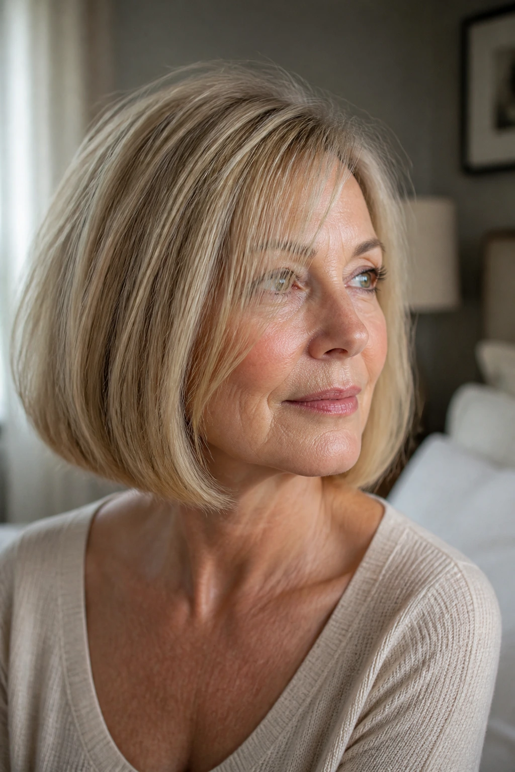 Portrait of a real woman with rounded lob, showing fullness for thinning hair.