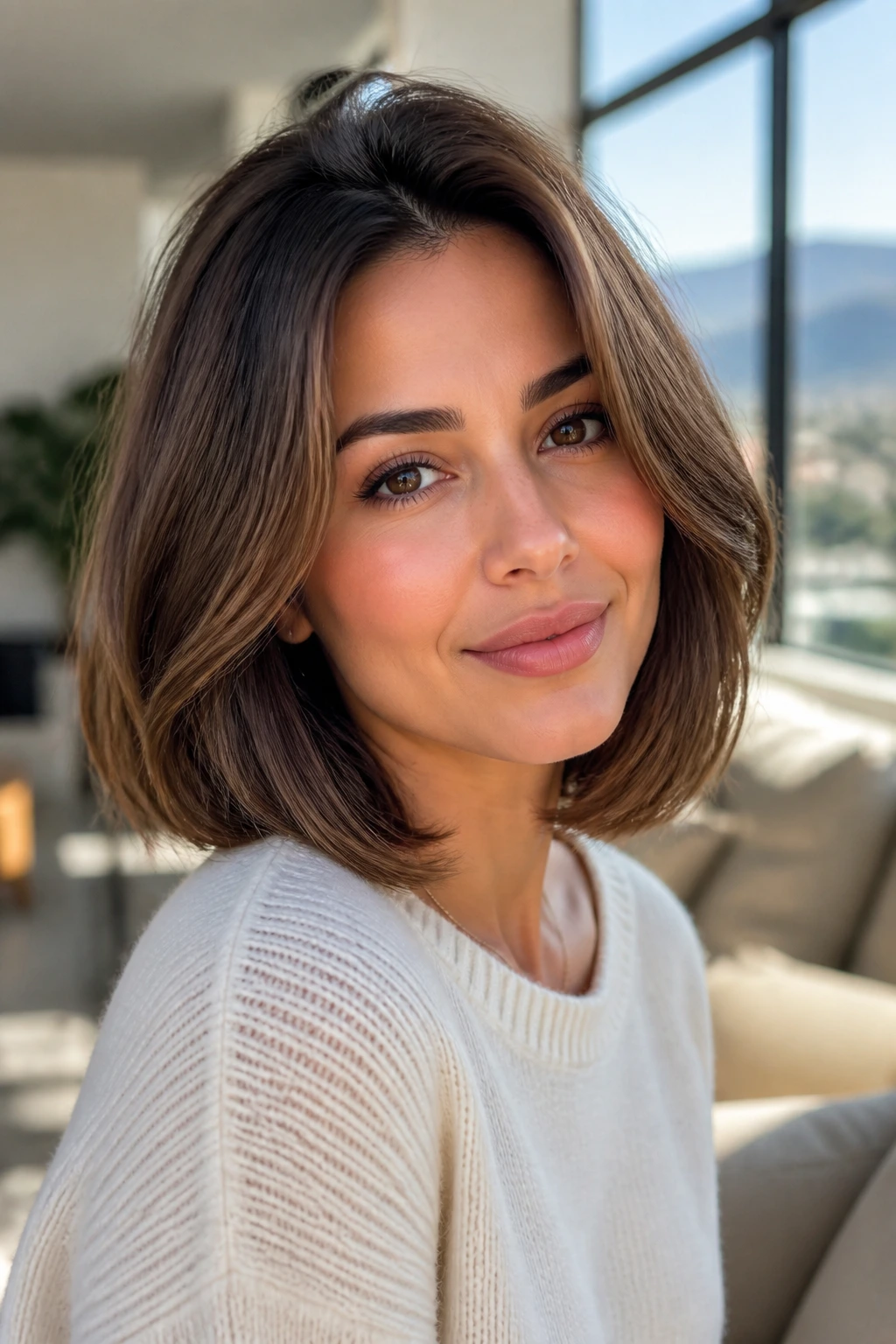 Close-up of a person wearing a rounded volume lob with crown height and soft ends