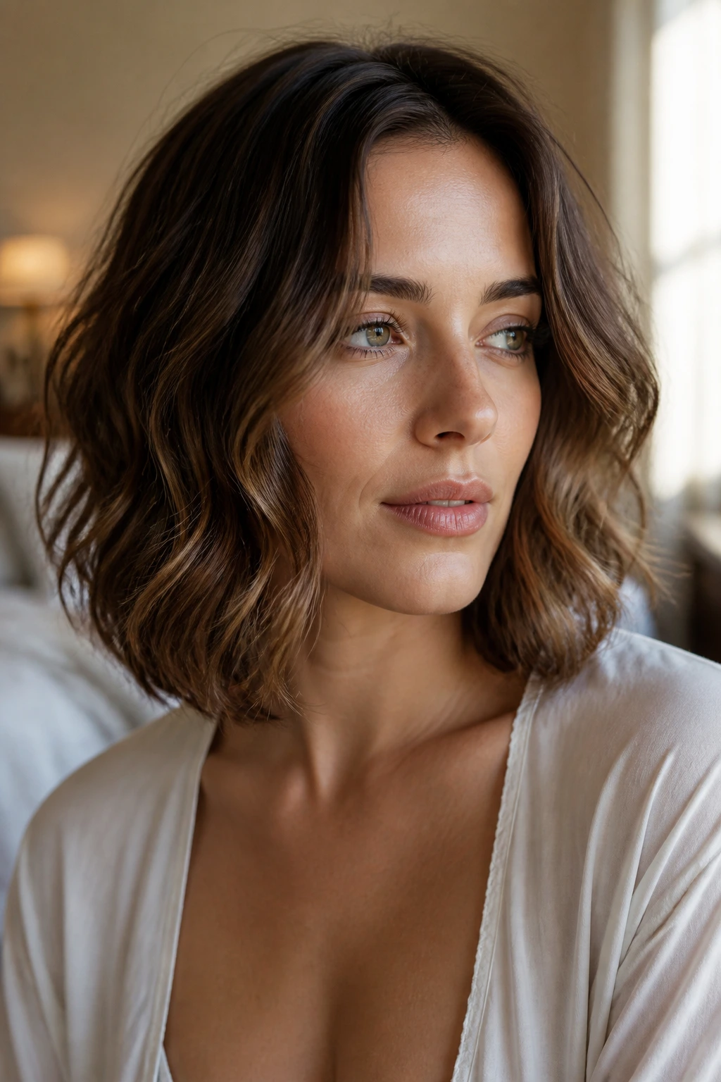 Close-up portrait of a real woman with The Rounded Lob soft rounded shape around the face