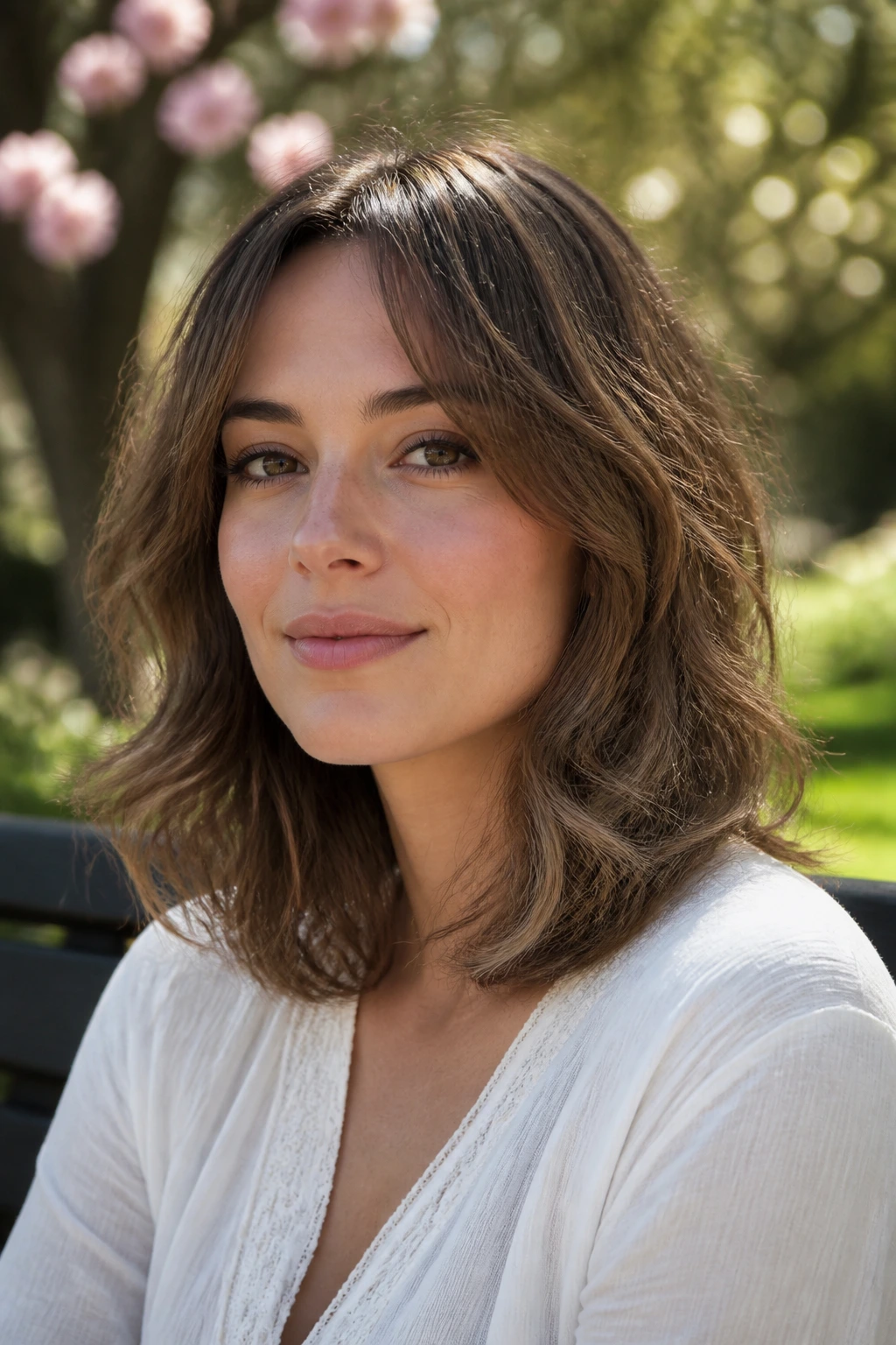 Close-up portrait of a real person with rounded lob wolf cut and soft perimeter