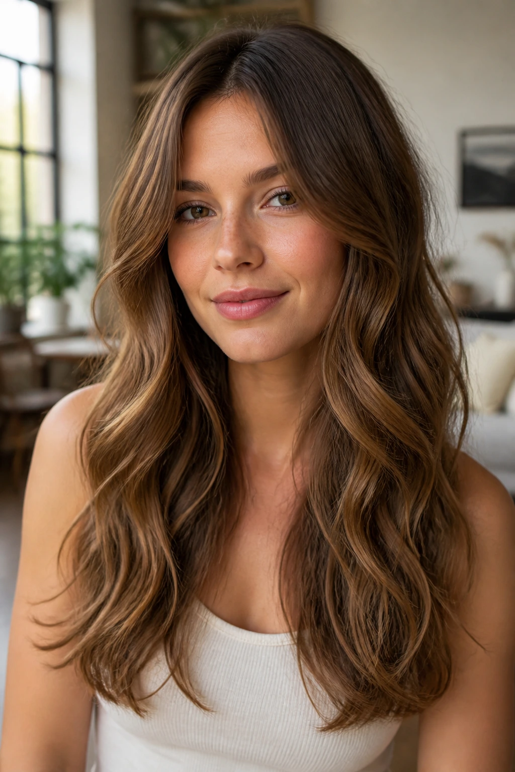 Close-up of a real person with a rounded long cut and soft corners