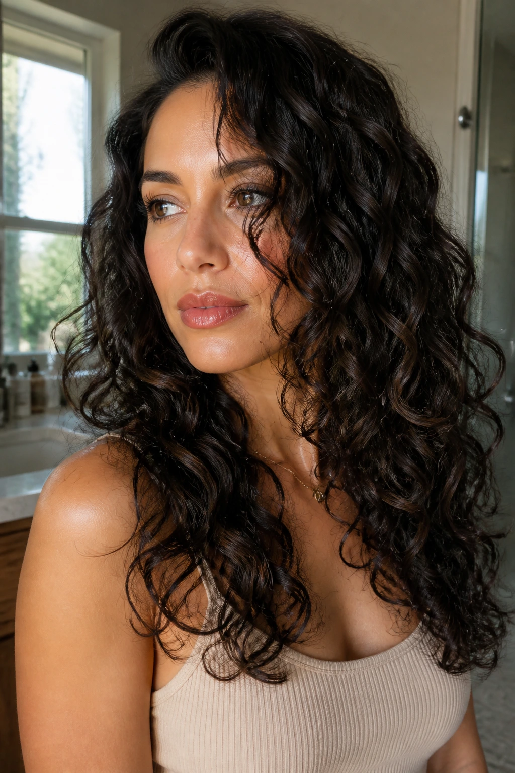 Close-up of a real person with 3A curls and rounded long layers