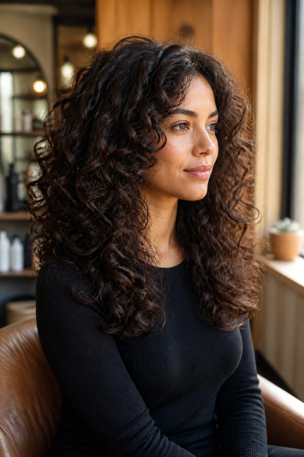 Close-up portrait of a real woman with thick curly hair in rounded long layers forming a soft oval silhouette