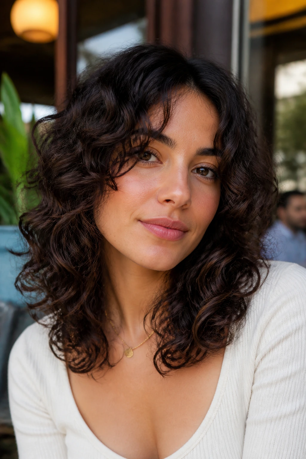 Portrait of a real person with rounded midi cut and cheekbone layers.
