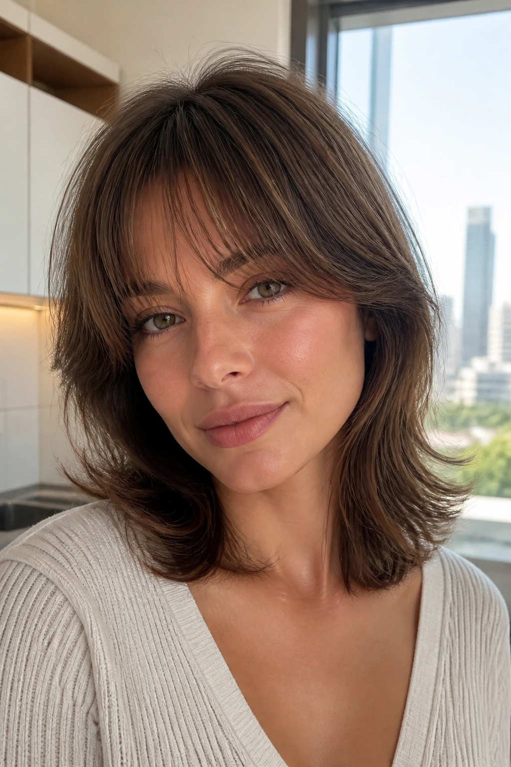 Portrait of real woman with Rounded Midi and Feathered Fringe in bright window light