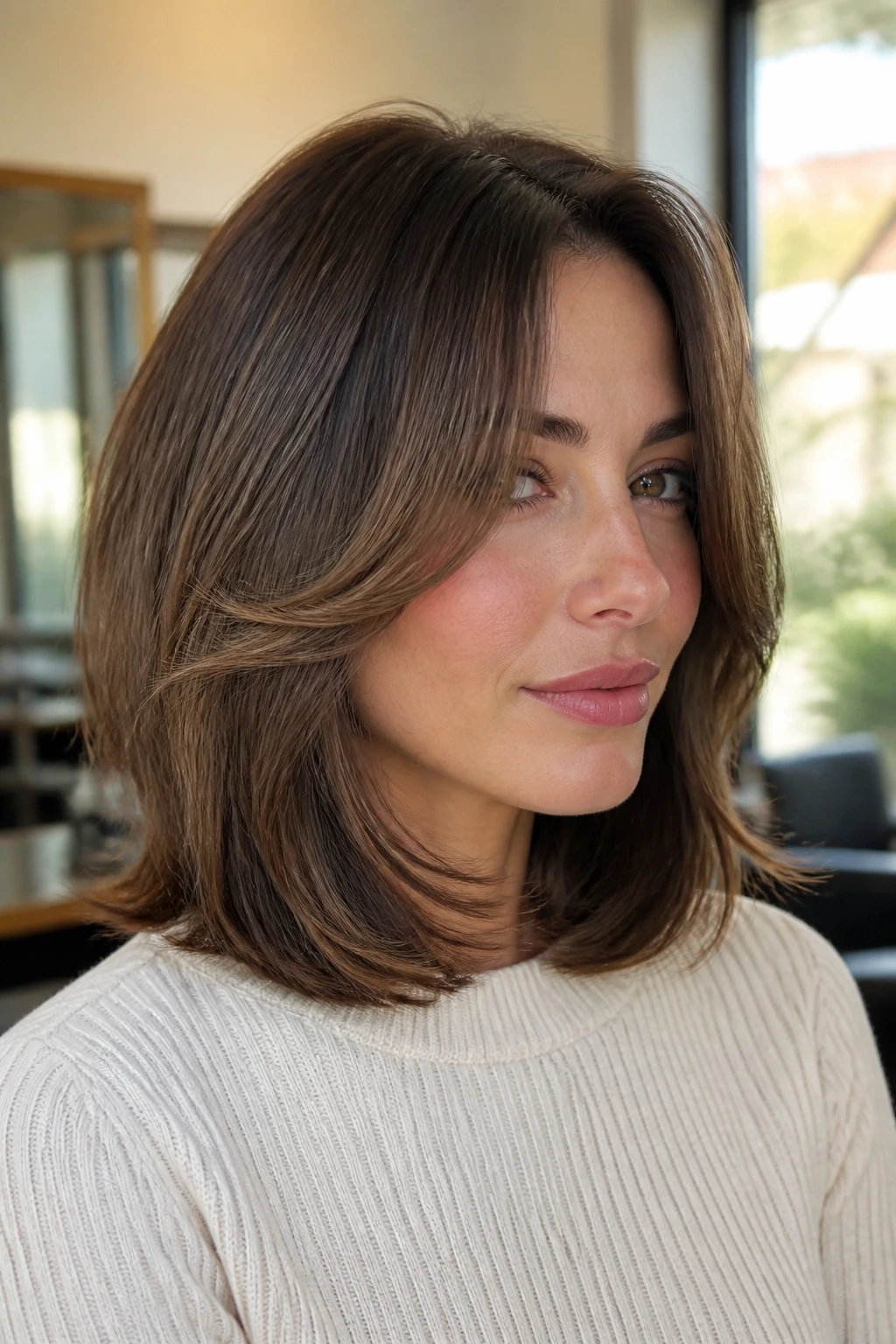 Close-up of a real woman with a rounded midi cut and invisible layers framing the face in warm window light.