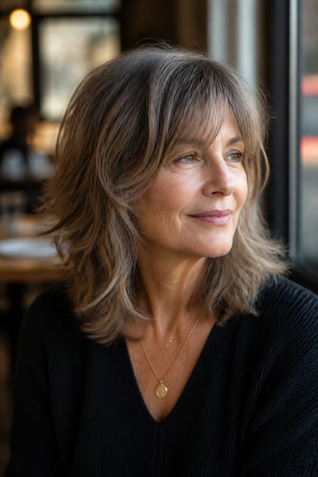Medium close-up of a woman with rounded midi shag at shoulder length in natural light