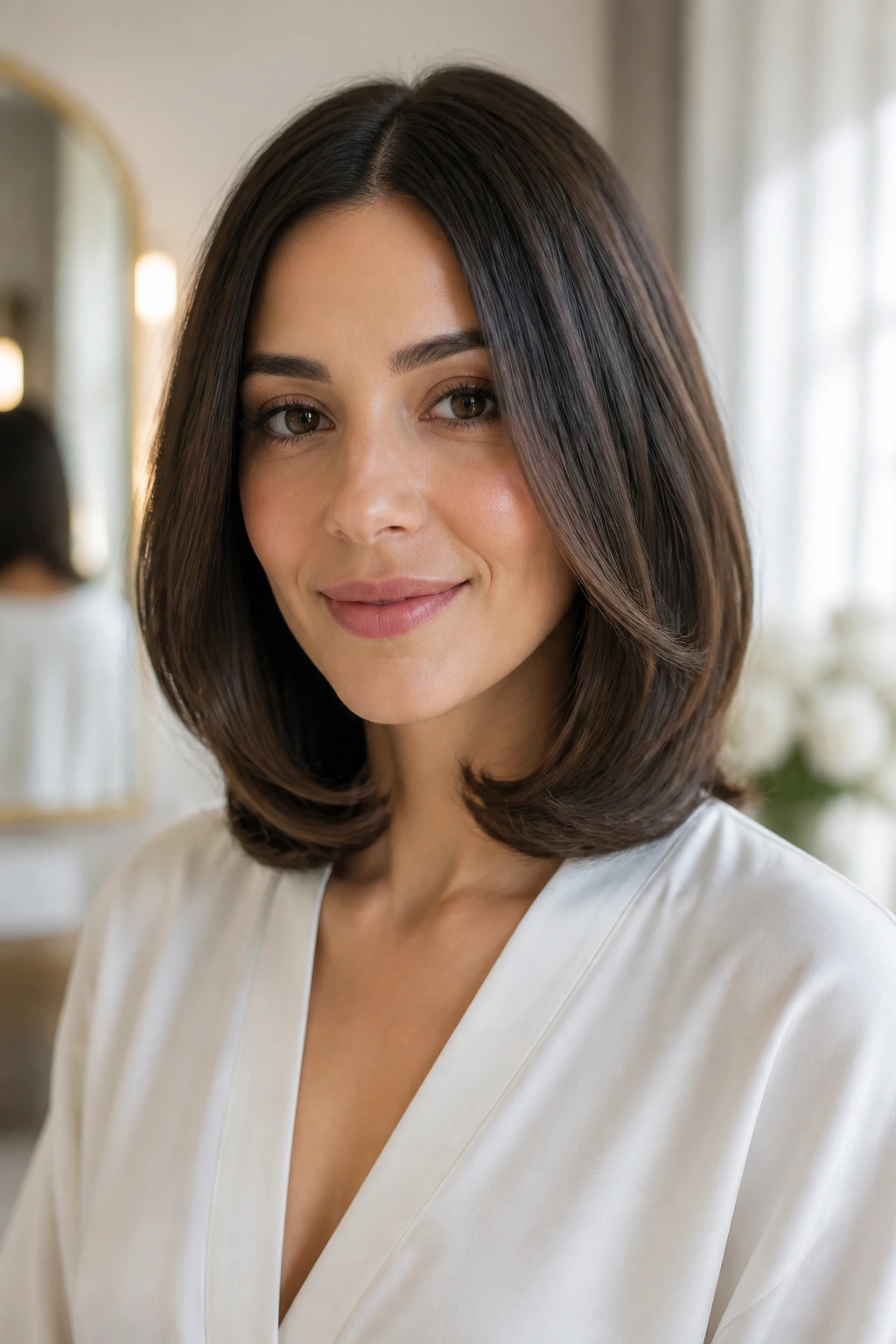 Portrait of a real woman with a rounded midi cut and soft inward curve.