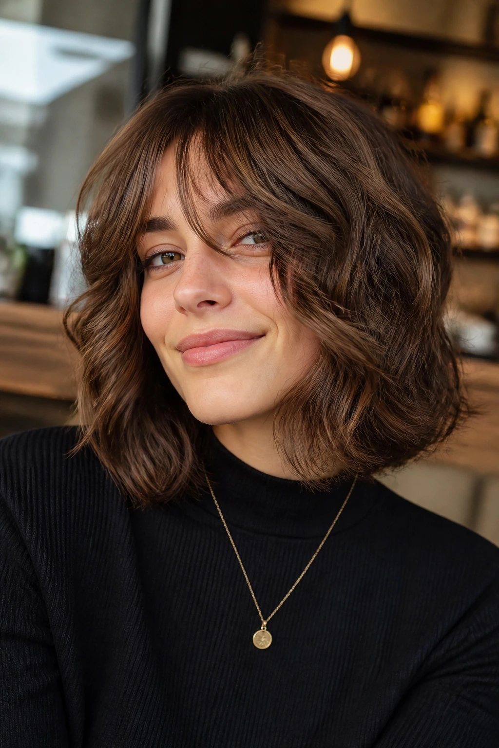 Close-up portrait of a real person with rounded midi wolf cut