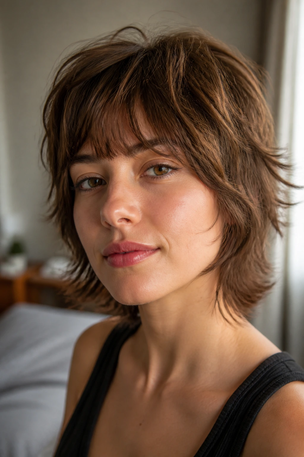 Portrait of a woman with a rounded mini shag hairstyle in warm room light