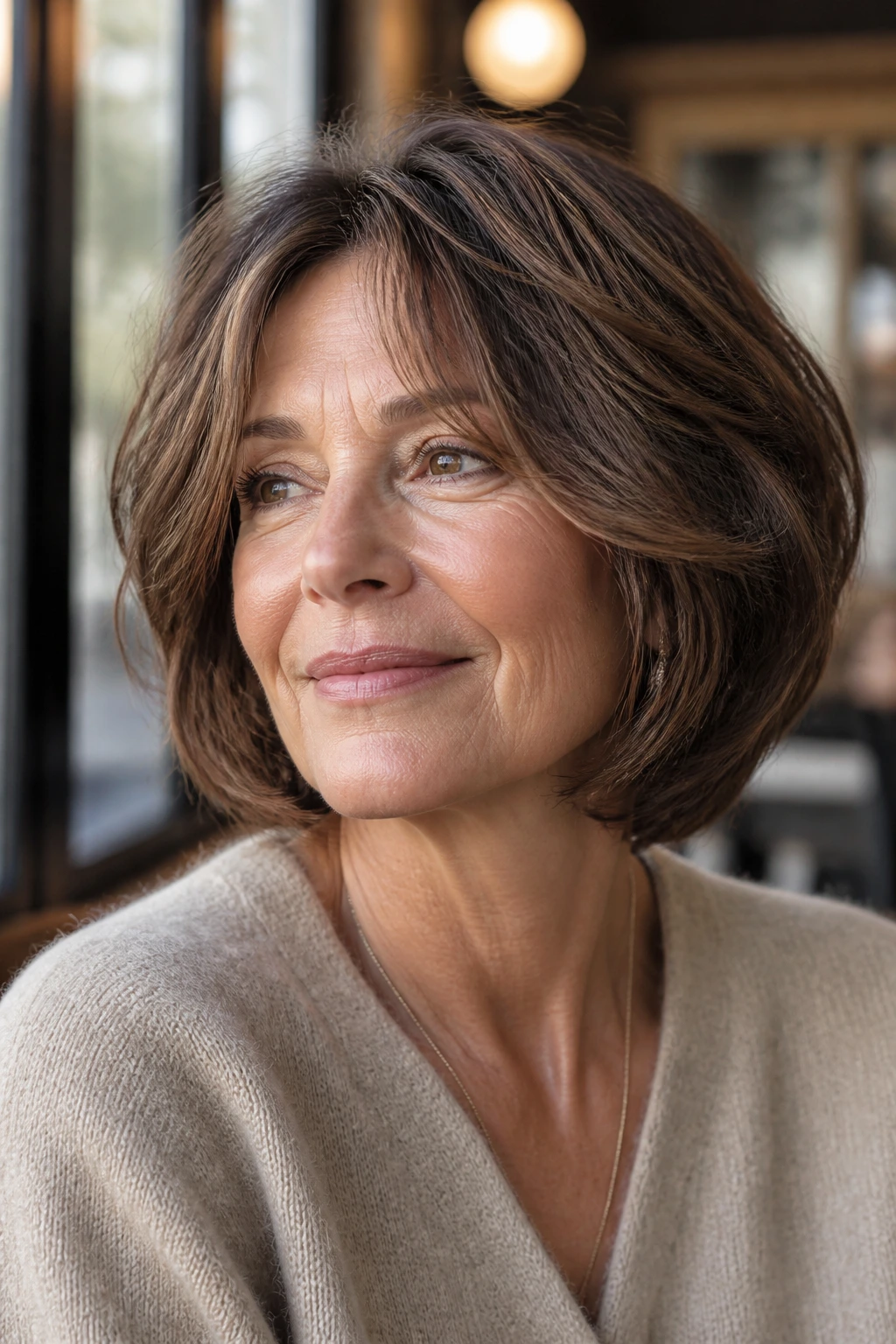Older woman with rounded mocha bob shag in natural light.