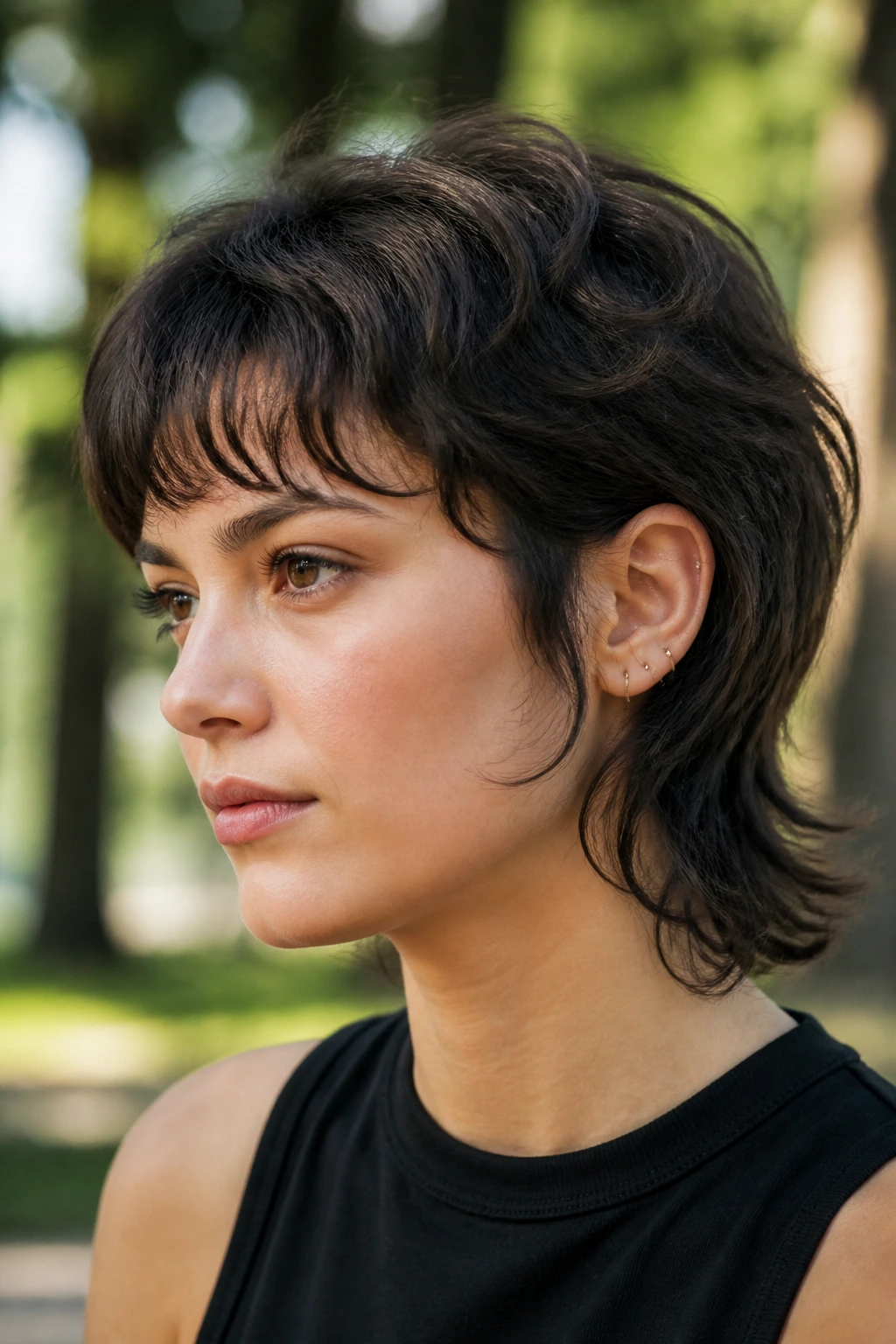 Close-up of a real person with a rounded wolf mullet silhouette outdoors.