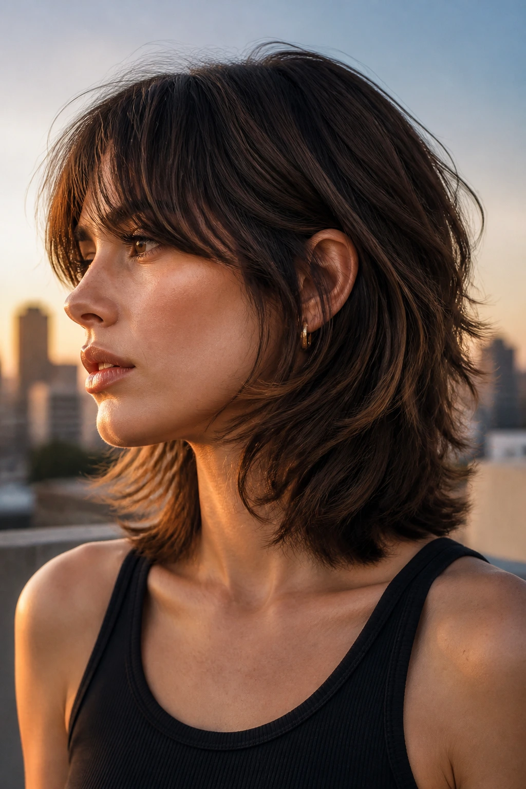 Real woman with Rounded Mullet-Inspired Shoulder Cut at golden hour
