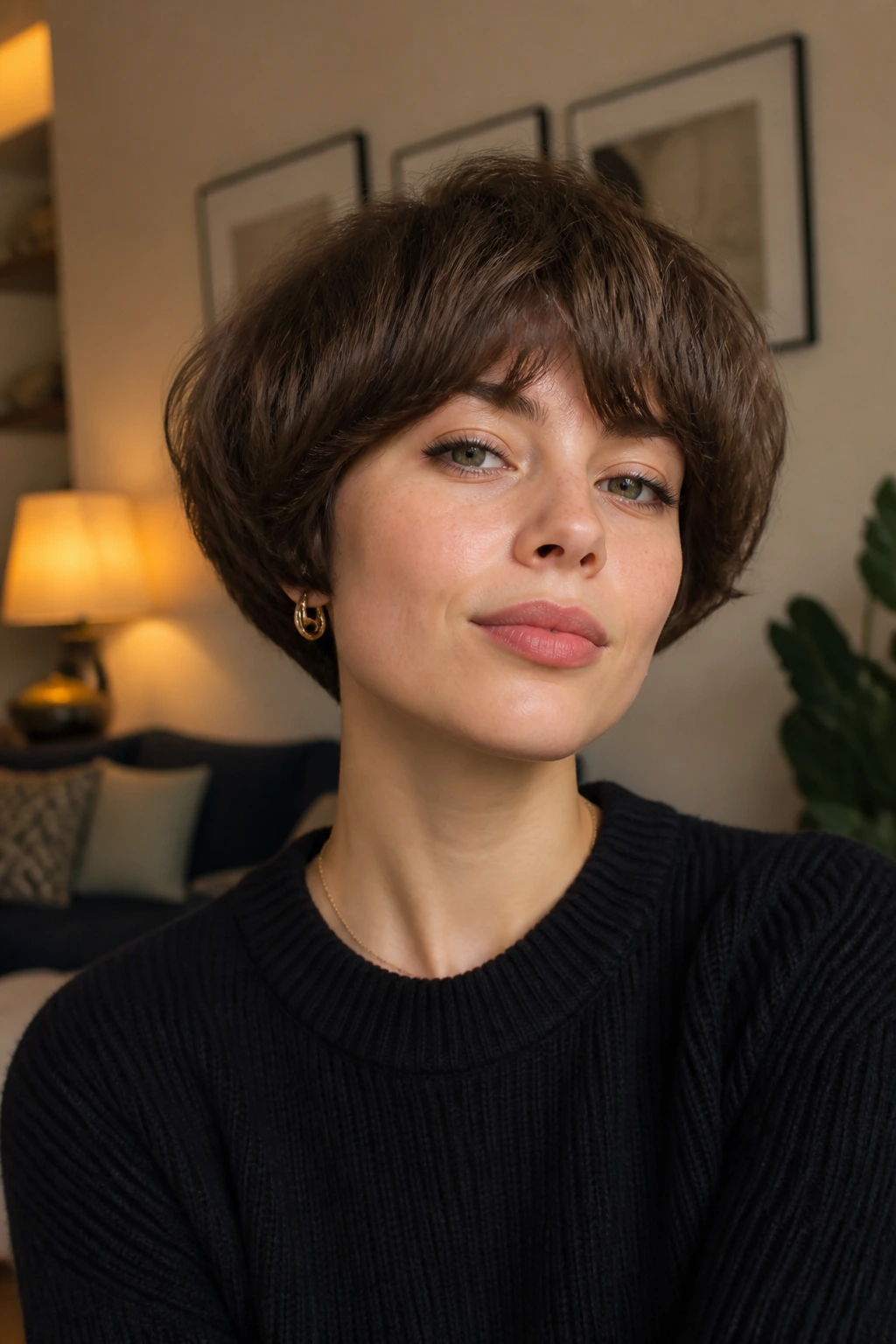 Close-up portrait of a real person with a rounded mushroom bob hairstyle