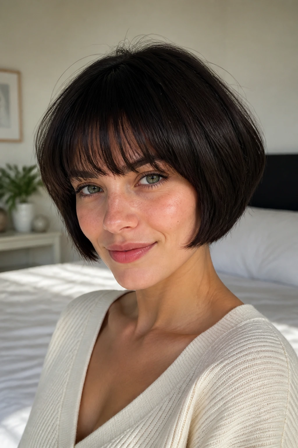 Close-up portrait of a real woman with a rounded mushroom bob and soft bangs