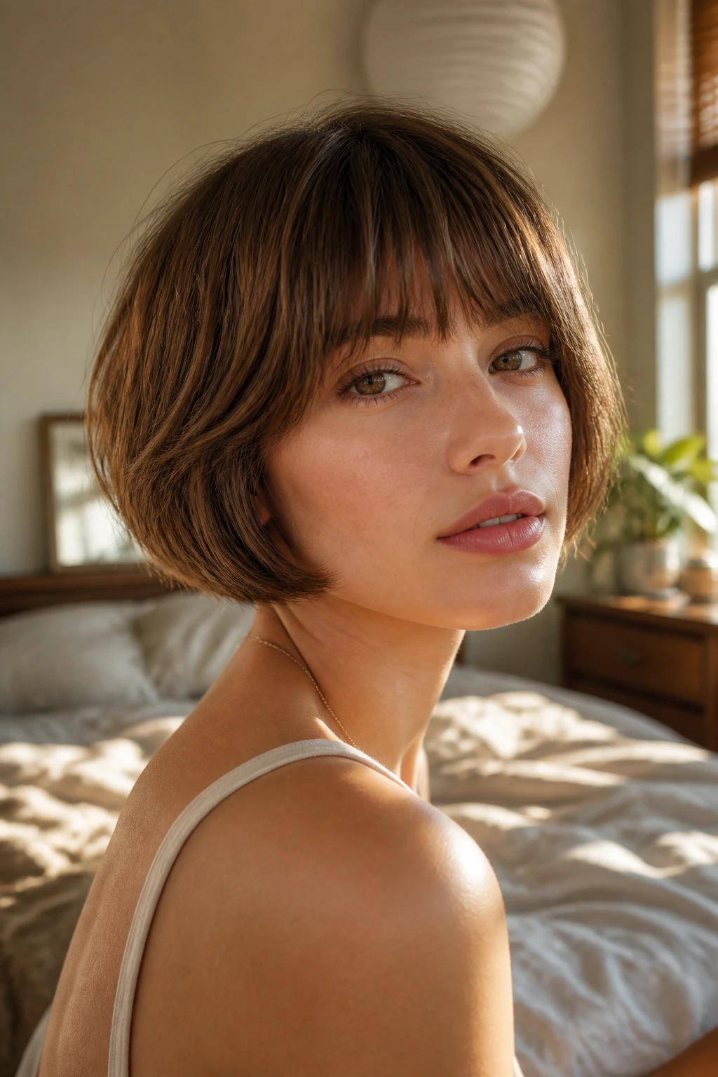 Close-up portrait of a woman with rounded mushroom bob and soft bangs in warm natural light