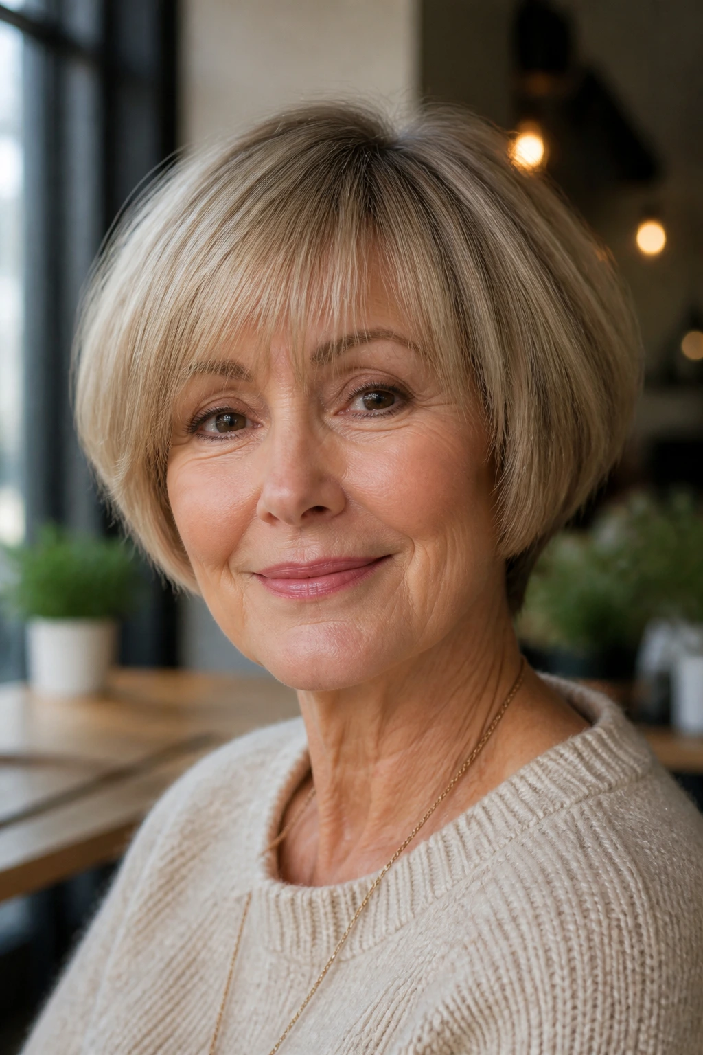 Portrait of a real woman with rounded mushroom bob and wispy edges in soft light.