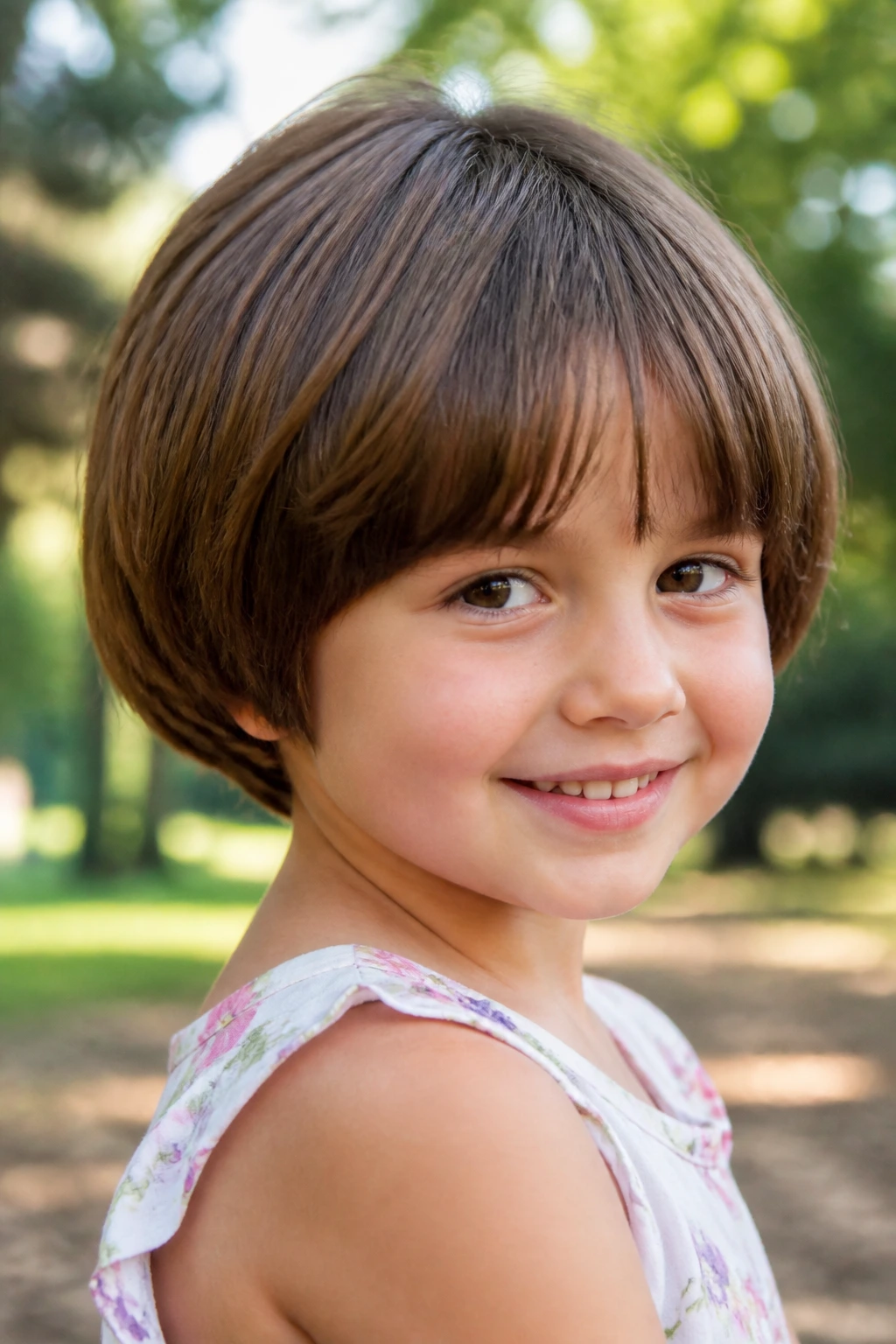 Close-up portrait of a child with a rounded mushroom cut in an outdoor park