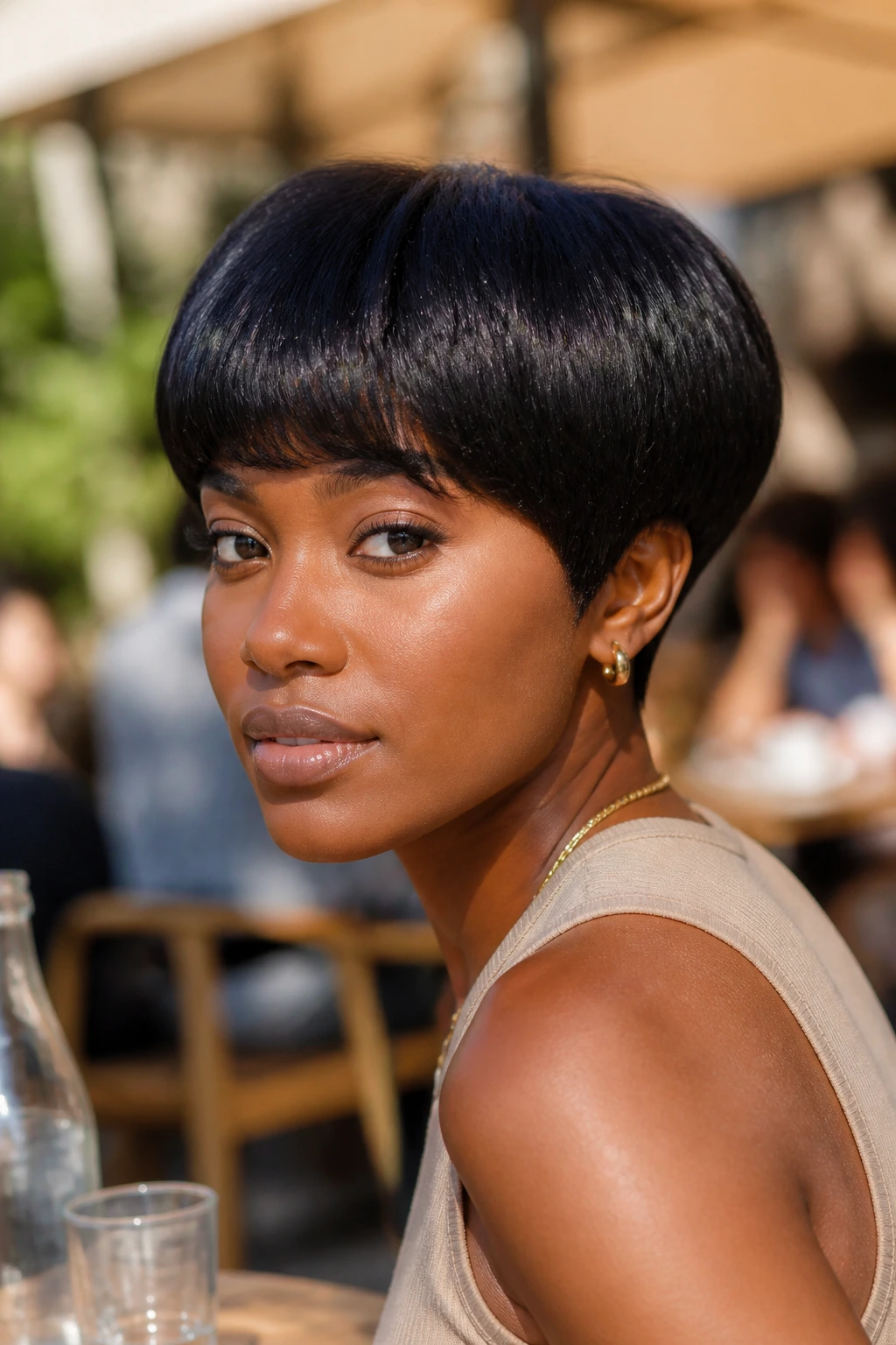 Close-up portrait of a Black woman with a rounded mushroom cut