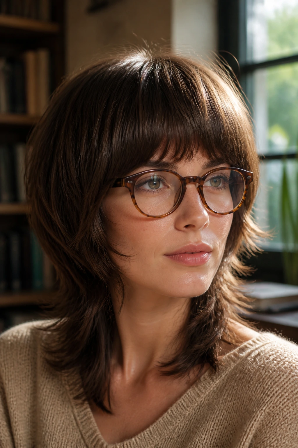 Close-up of a real woman with rounded mushroom shag wearing glasses in a cozy study