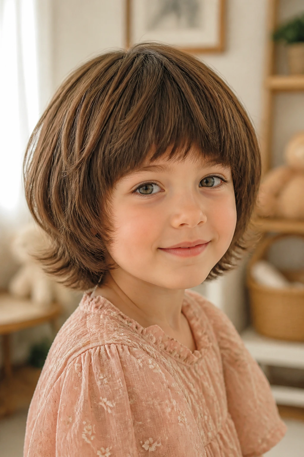 Close-up of a real girl with rounded mushroom shag hairstyle