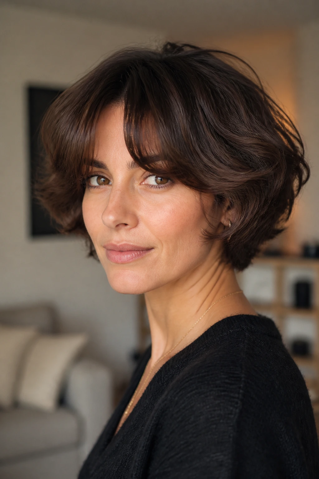 Close-up portrait of a real person with rounded mushroom shag and split bangs