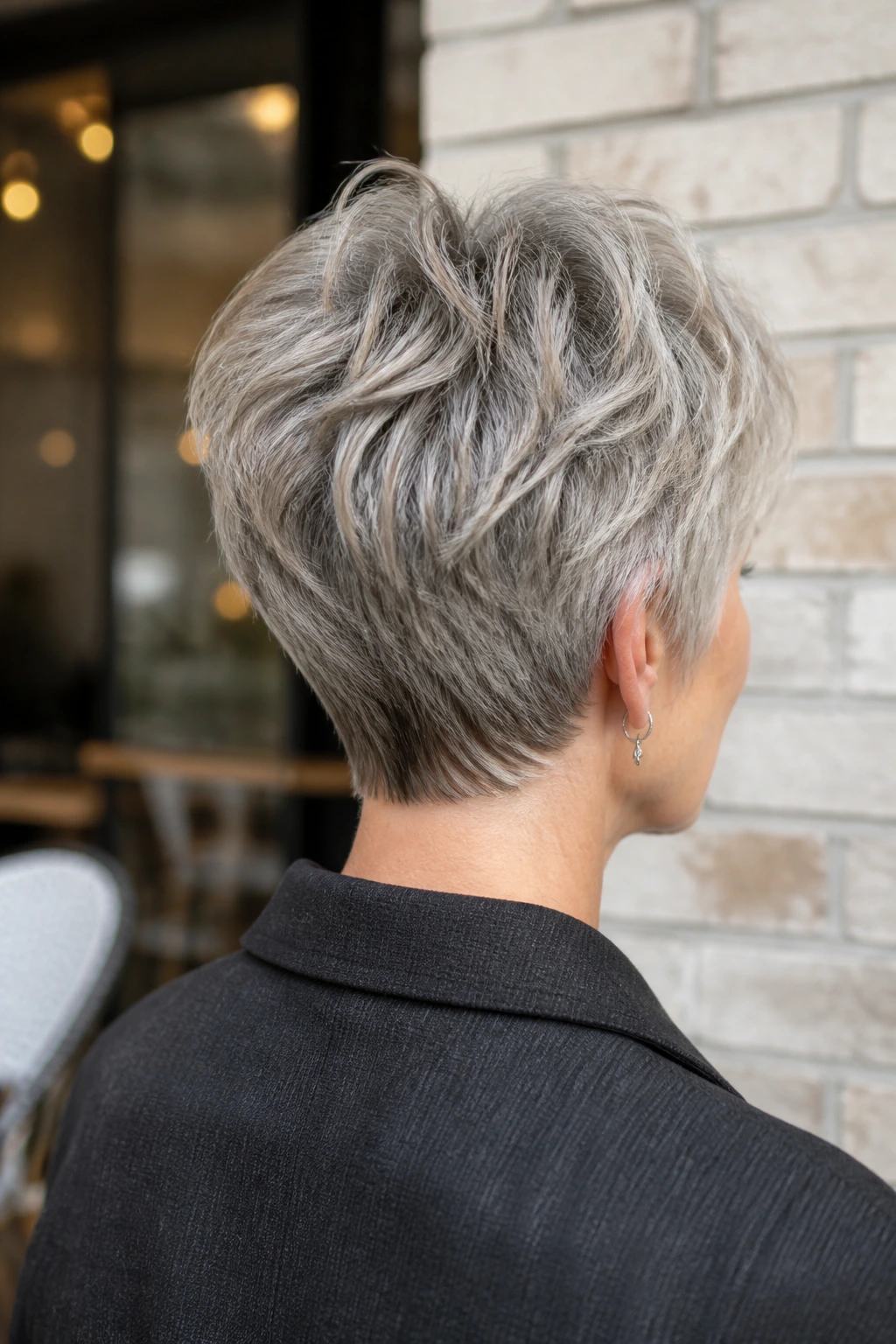 Back view of a real woman with rounded nape pixie mullet