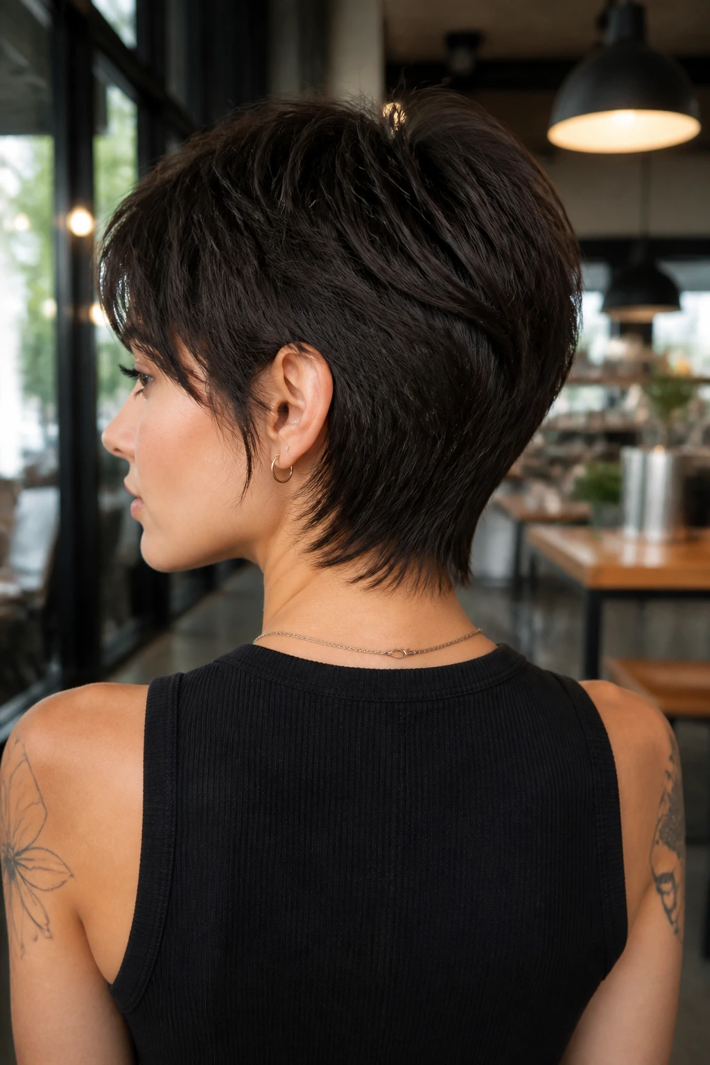 Portrait of a real person with a rounded nape wolf cut showing a smooth neck silhouette